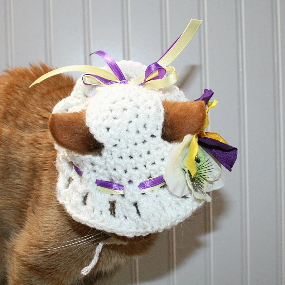 HAND CRAFTED Crochet White Pansy Bonnet Cat Hat Costume Photo Prop